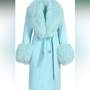 Elegant Blue Faux Fur Trimmed Women's Coat